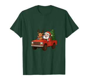 Red Christmas Truck Santa Claus and Reindeer Cartoon T-Shirt