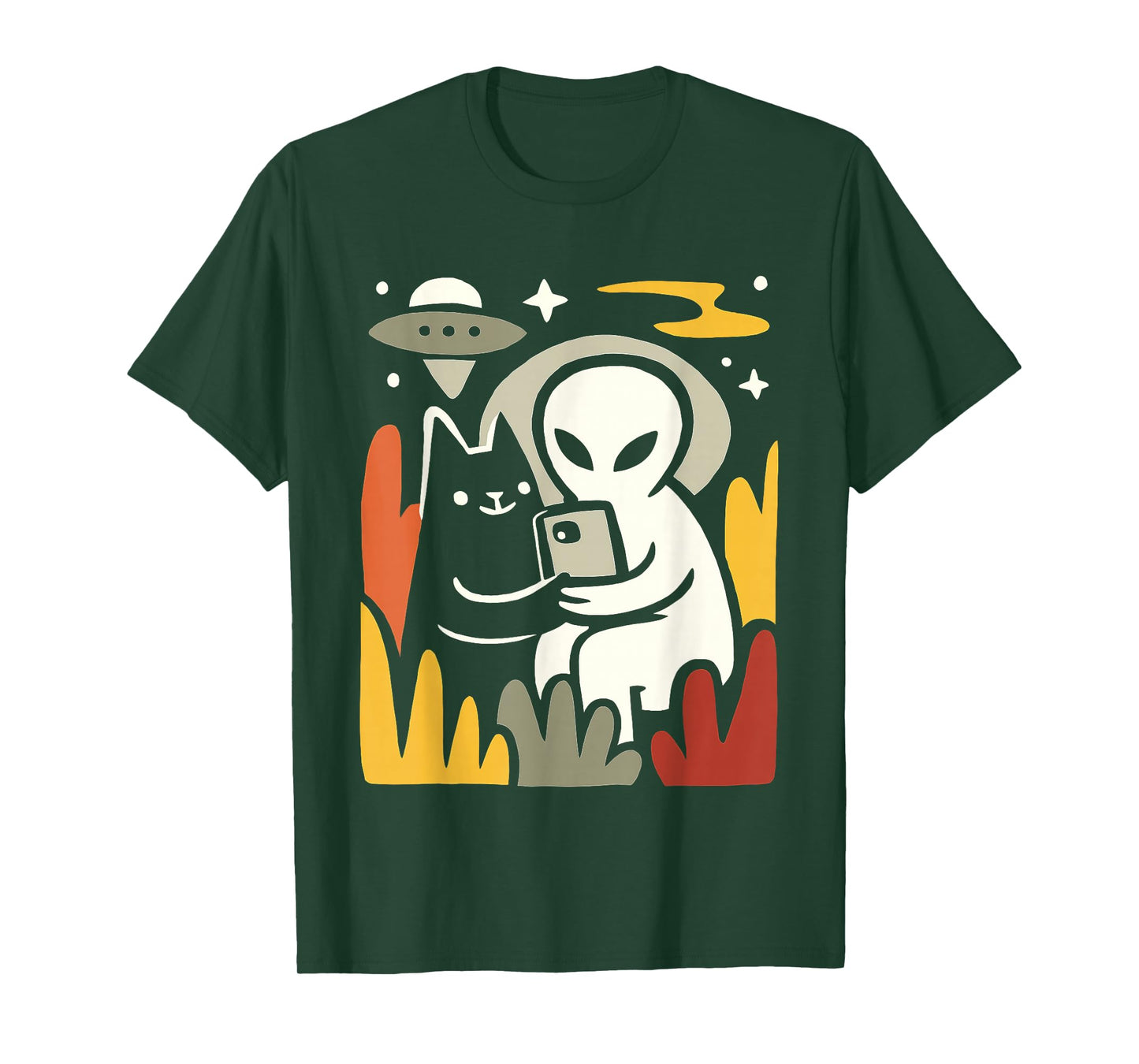 Alien and Cat Selfie Art – Funny UFO Space Illustration T-Shirt