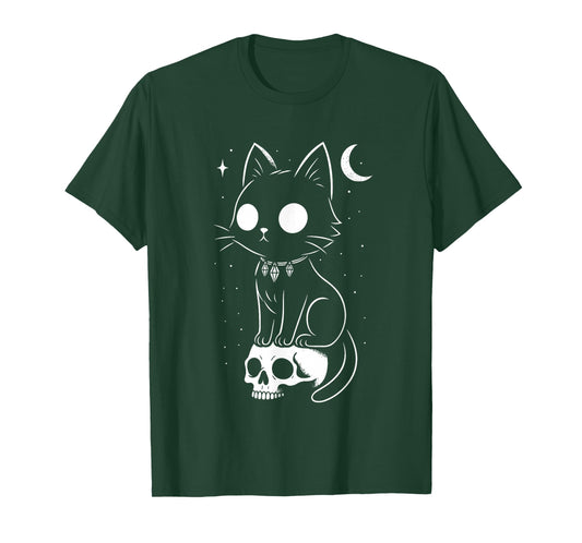 Cat Kitty Skull Creepy Cute Kawaii Goth Witchy Alt Halloween T-Shirt