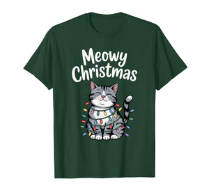 Meowy Christmas Cute Gray Tabby Cat Holiday Lights T-Shirt