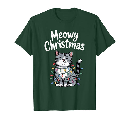 Meowy Christmas Cute Gray Tabby Cat Holiday Lights T-Shirt