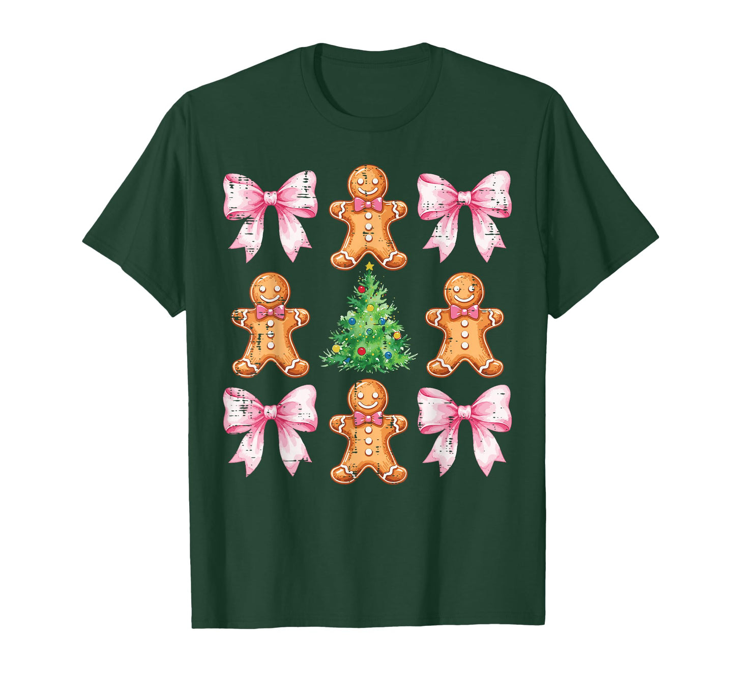 Christmas Tree Gingerbread Man Bow Pattern Xmas Girls Kids T-Shirt