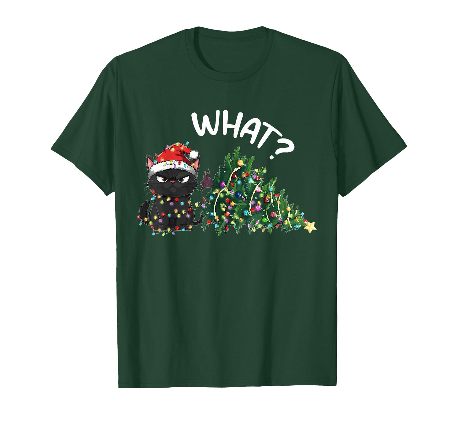 Funny Black Cat Christmas Tree Merry Xmas Humor Cat What? T-Shirt