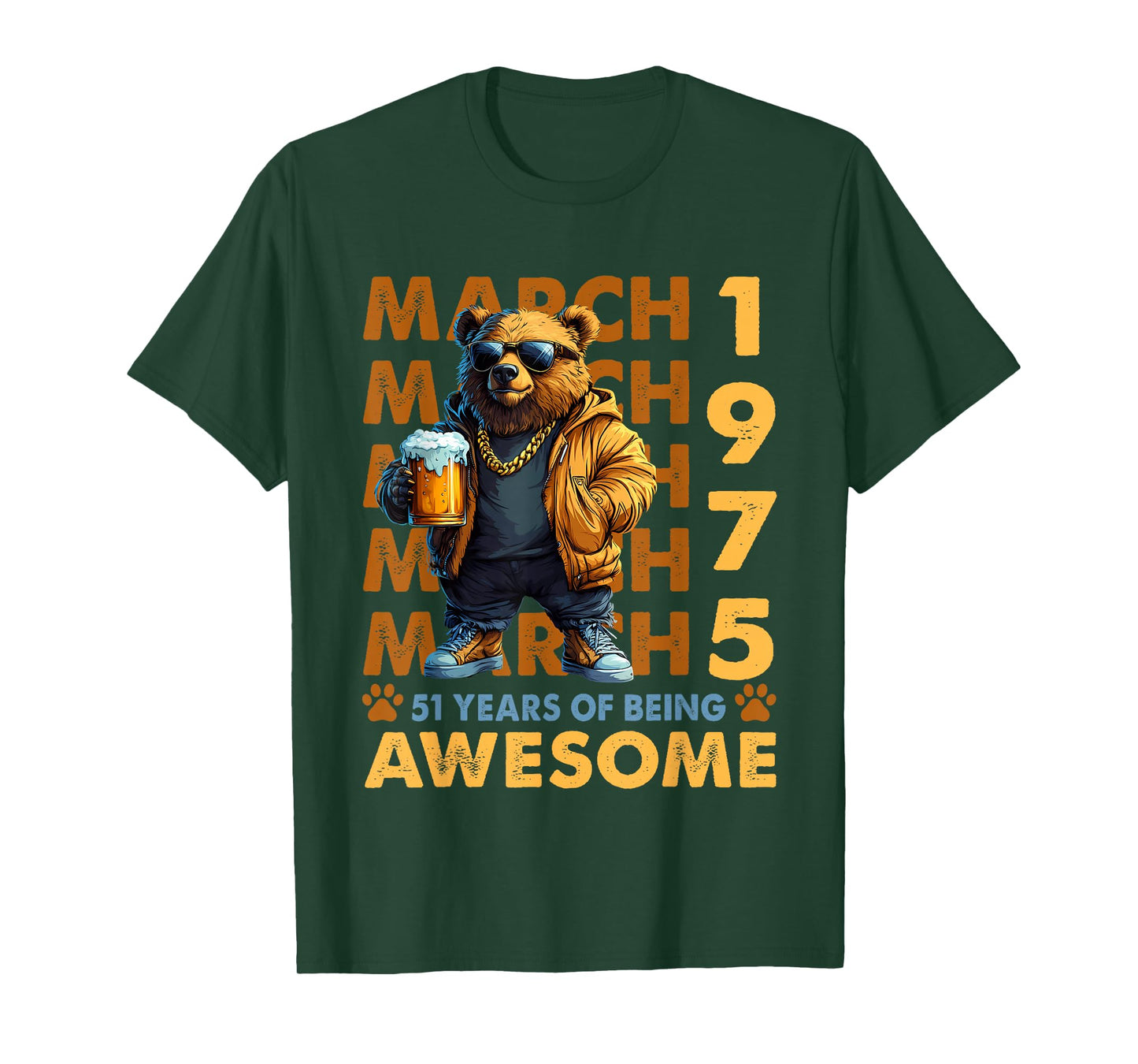 51st Birthday Cool Bear March 1975 Vintage 51 Years Old T-Shirt