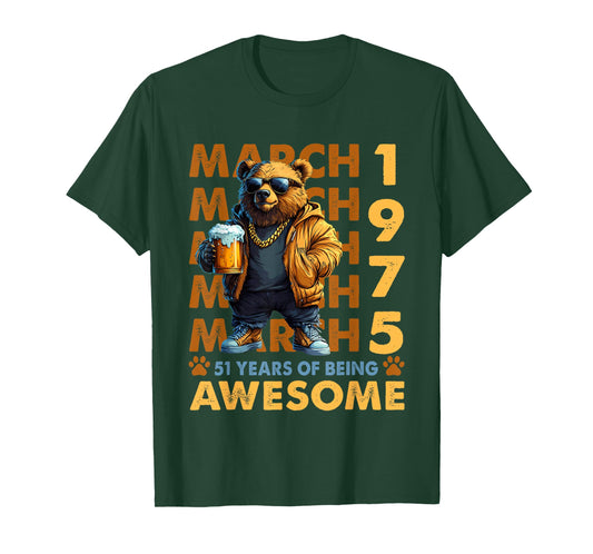 51st Birthday Cool Bear March 1975 Vintage 51 Years Old T-Shirt