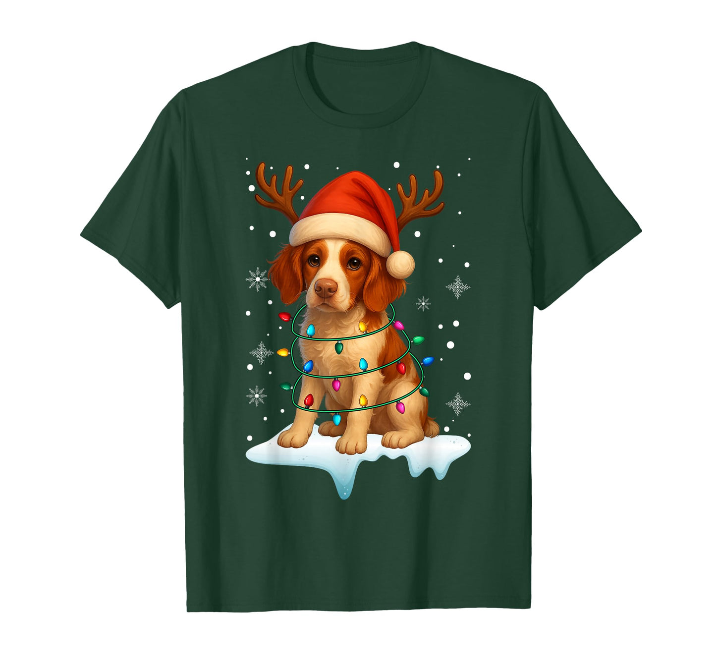 Christmas Light Snow Reindeer Santa Brittany Spaniel Xmas T-Shirt