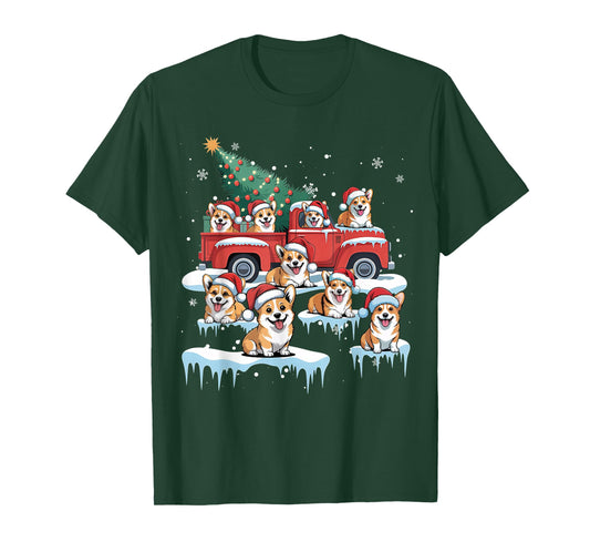 Corgi Dog Riding Red Truck Ugly Sweater Merry Christmas T-Shirt