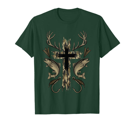 Cross Camo Fishing Hunting Christian Faith Hunter Fisherman T-Shirt