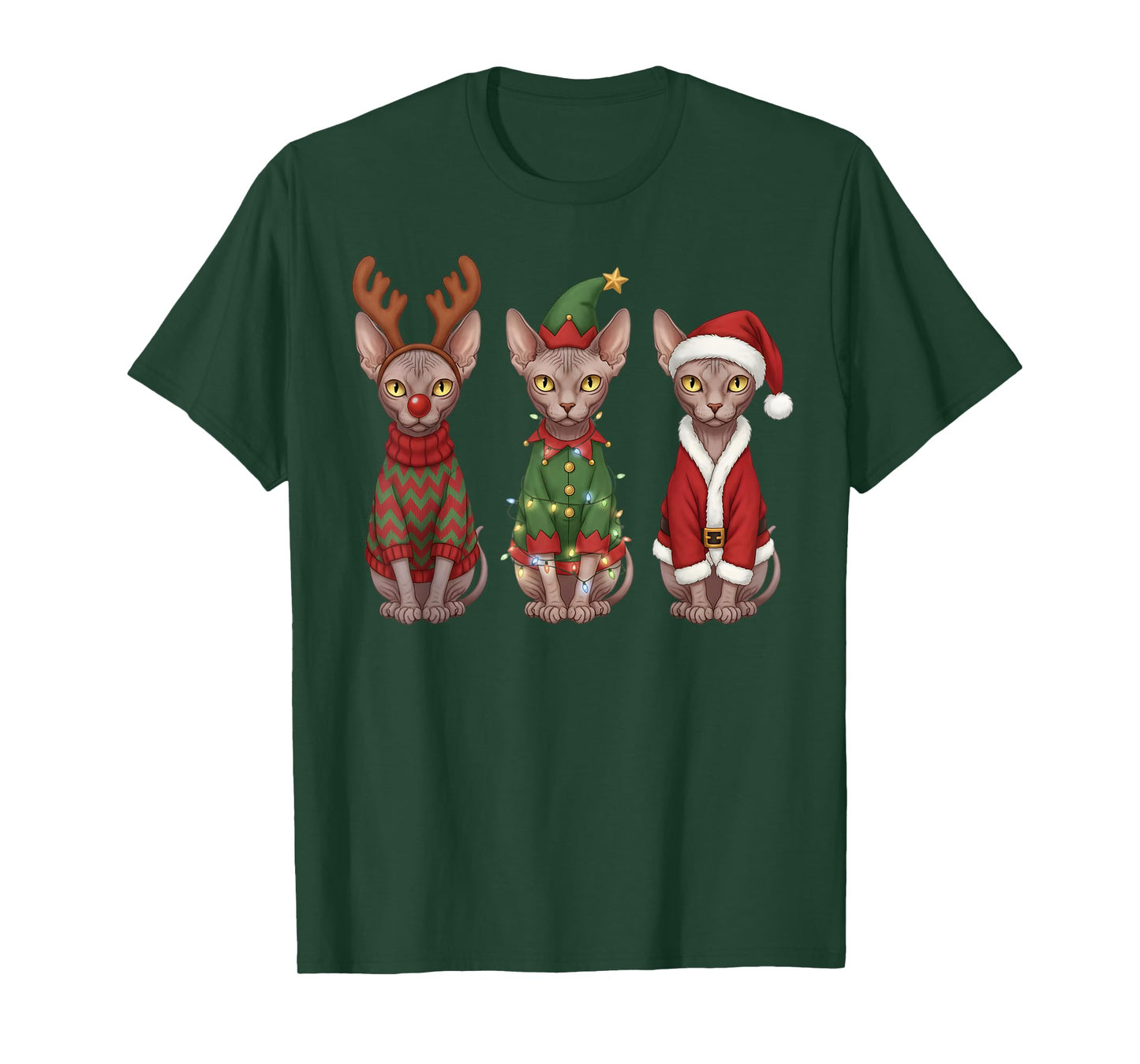 Retro Christmas Sphynx Cat Santa Reindeer T-Shirt