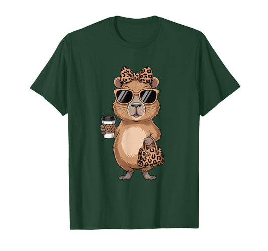 Fashion Funny Leopard Capybara Coffee Cute Women Girls T-Shirt
