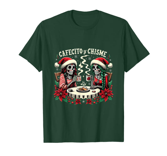 Cafecito Y Chisme Mexican Christmas Catrina Calavera Holiday T-Shirt