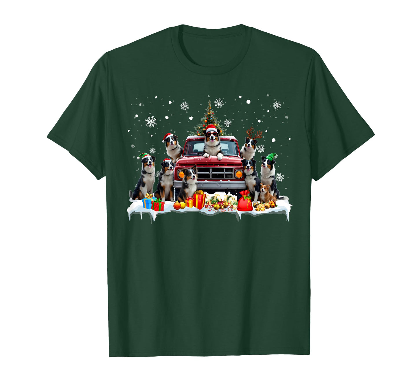 Border Collie Dog Red Truck Christmas Tree Santa Ugly Xmas T-Shirt