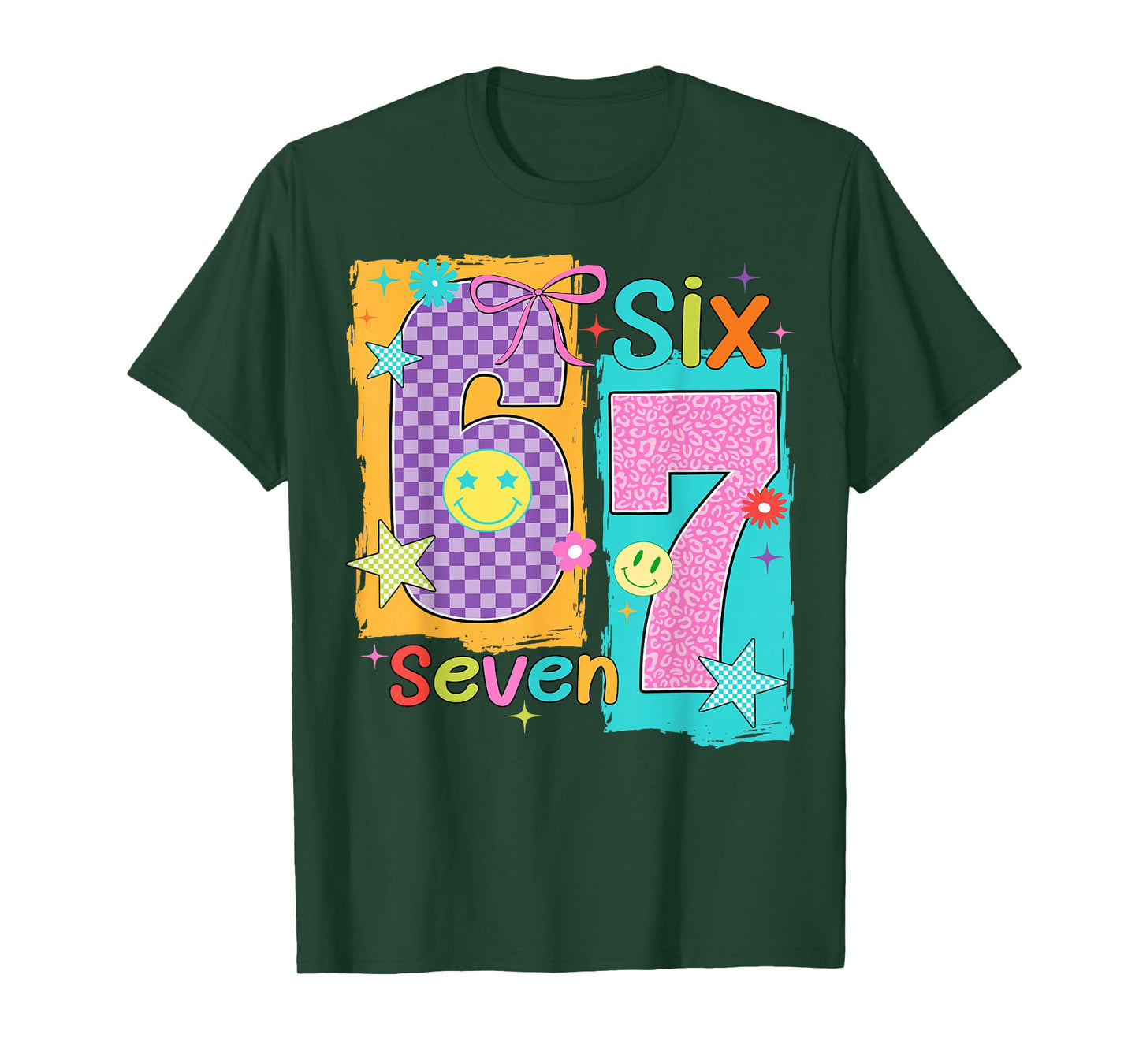 67 Leopard Checkered Funny Six Seven Meme 6-7 Girls Kids T-Shirt