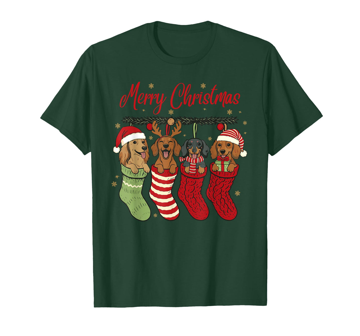 Merry Christmas Dachshund Dogs Santa Hat in Stockings T-Shirt