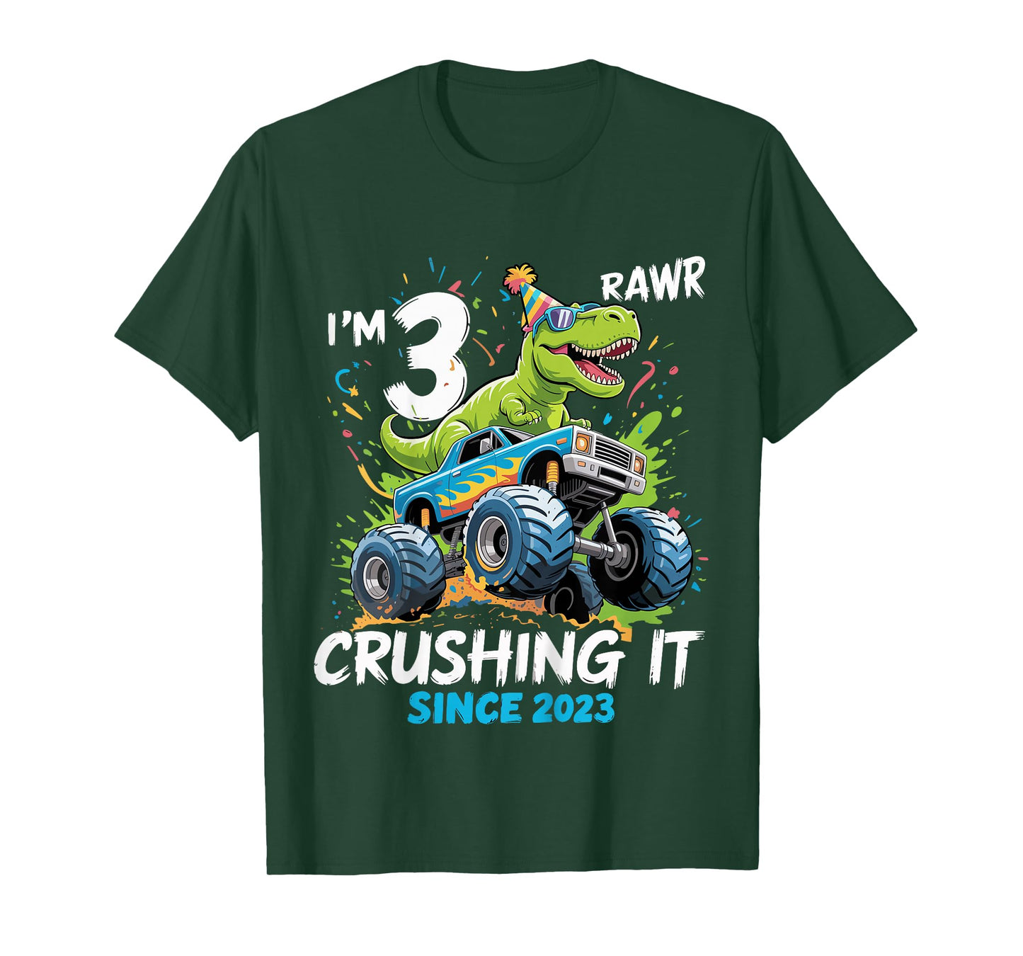 Kids 3rd Birthday Monster Truck Dinosaur 3 Year Old boy Born 2023 T-Shirt