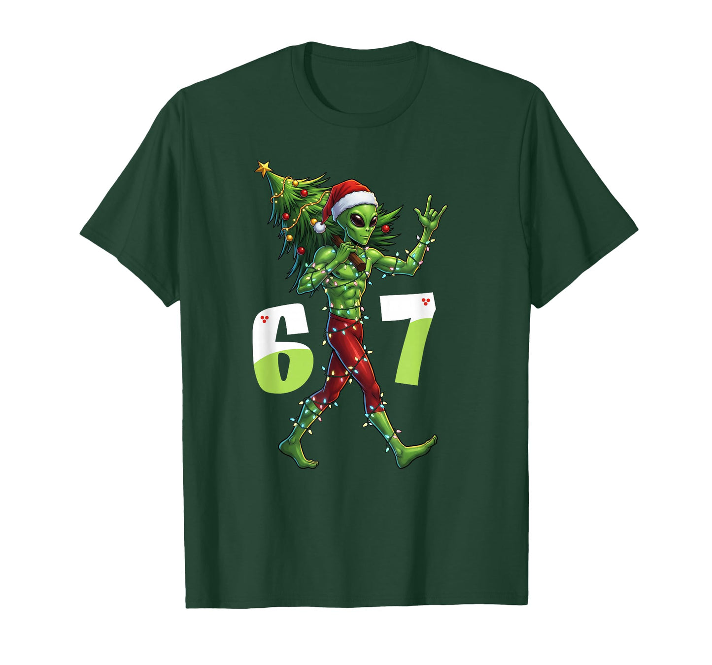 Funny Christmas Alien Six Seven Meme 67 Santa Hat 6 7 Xmas T-Shirt