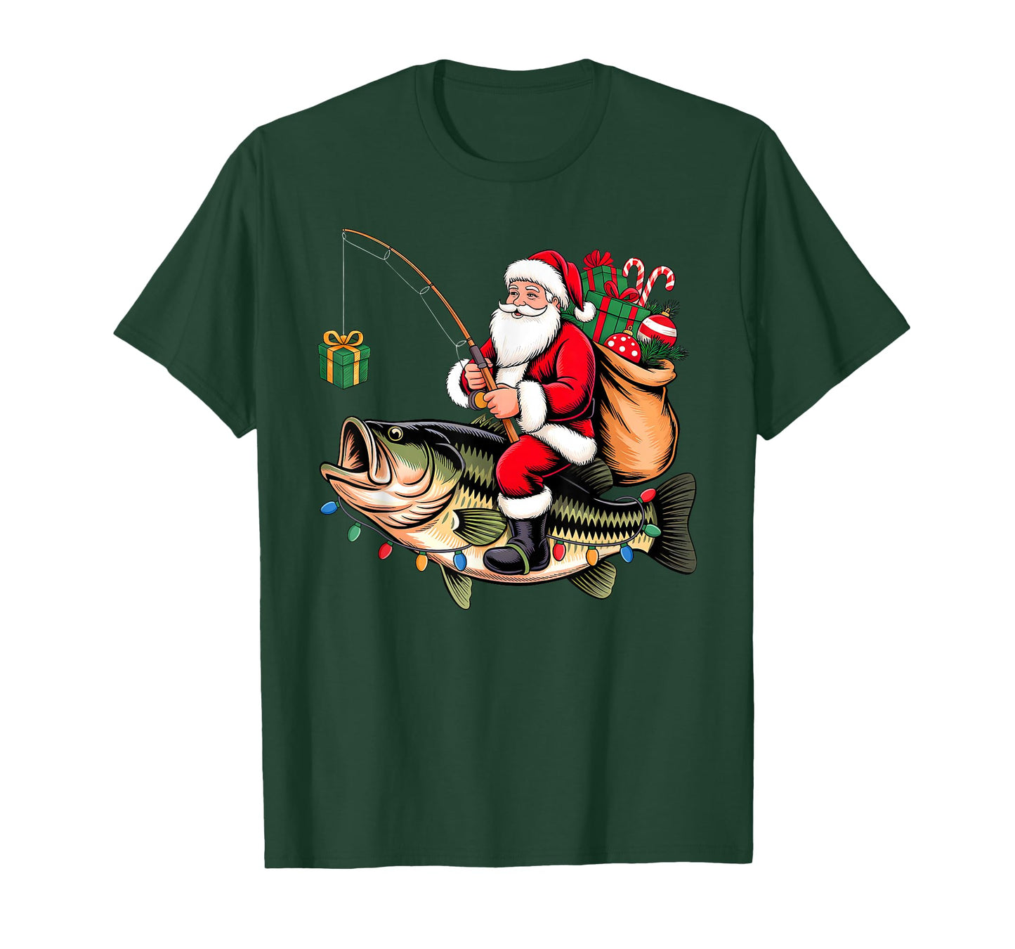 Santa Riding Bass Fish Christmas Fishing Funny Xmas Pajamas T-Shirt