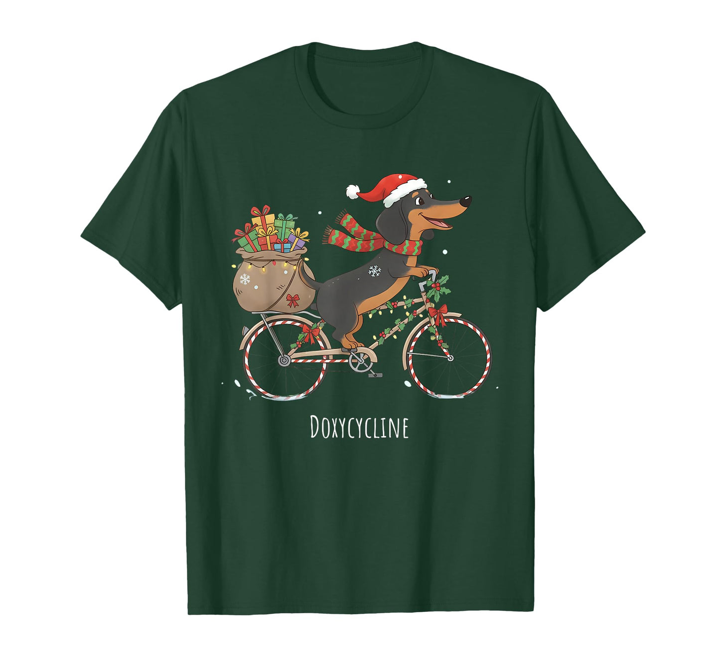 Doxycycline Pharmacy Funny Dachshund On Bicycle Christmas T-Shirt
