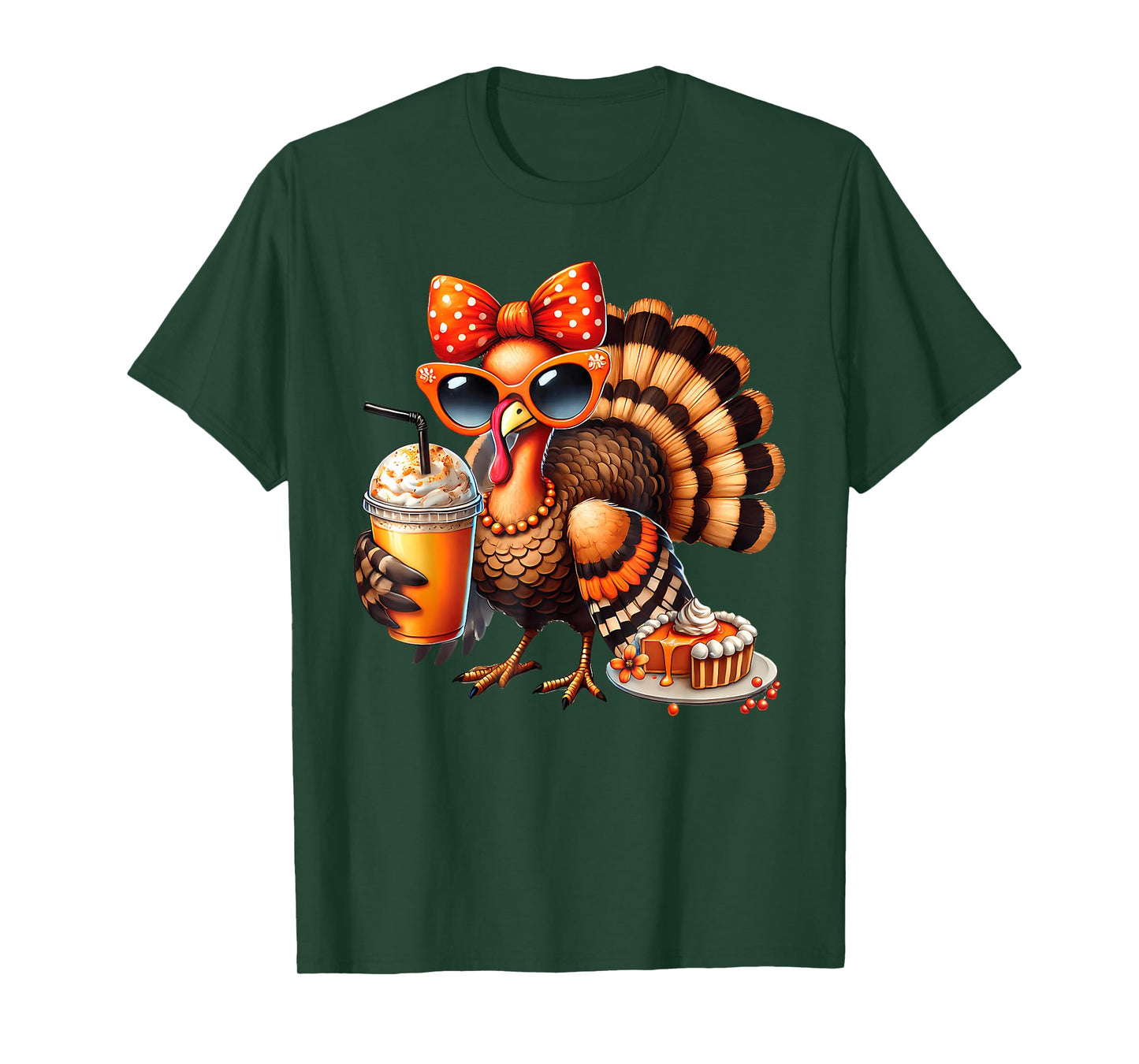 Turkey Drinking Coffee Bow Thanksgiving Womens Turkey Day T-Shirt