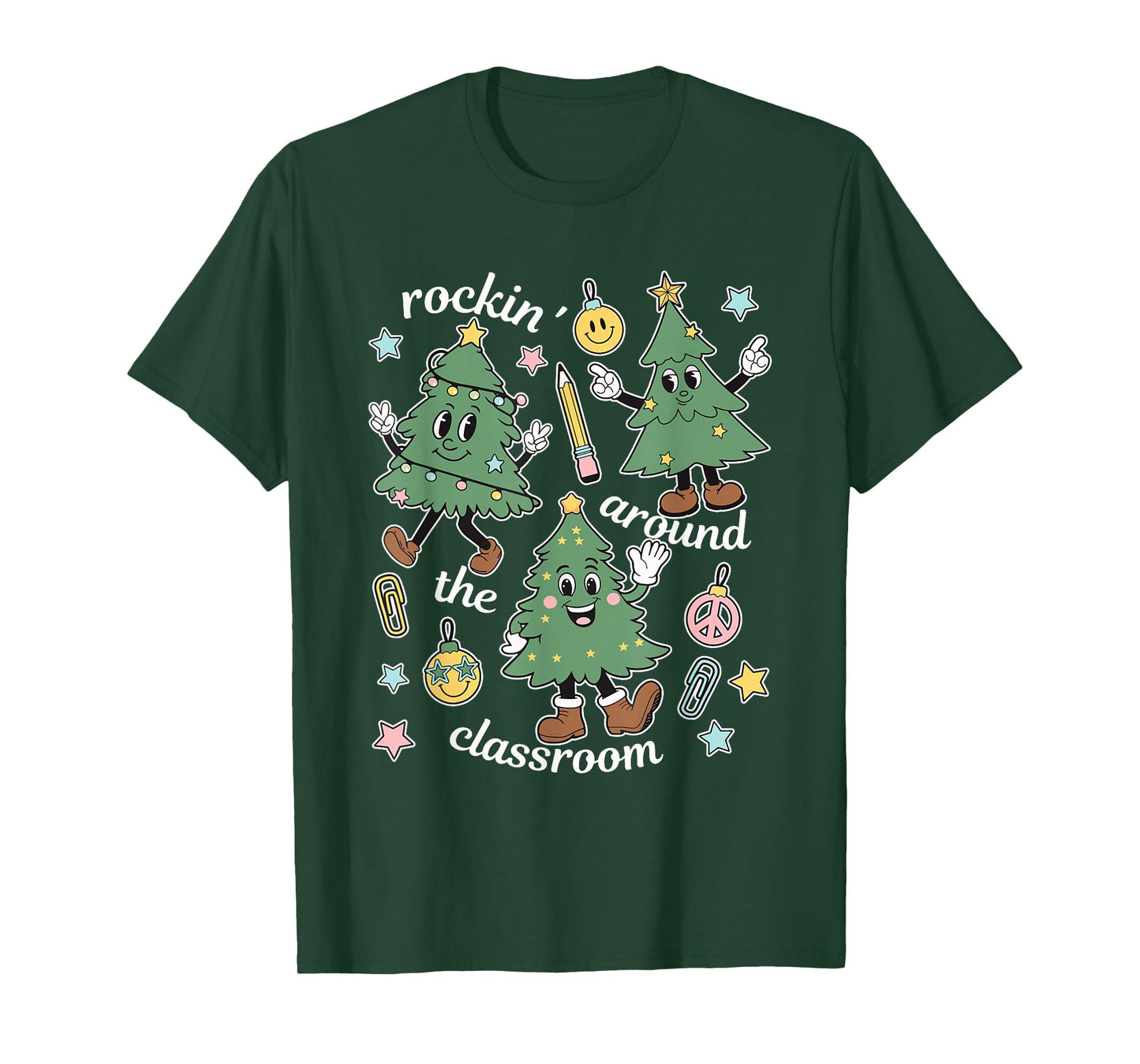 Retro Teacher Christmas Rockin' Around The Classroom Womens T-Shirt