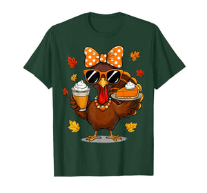 Turkey Drinking Coffee Bow Thanksgiving Womens Turkey Day T-Shirt