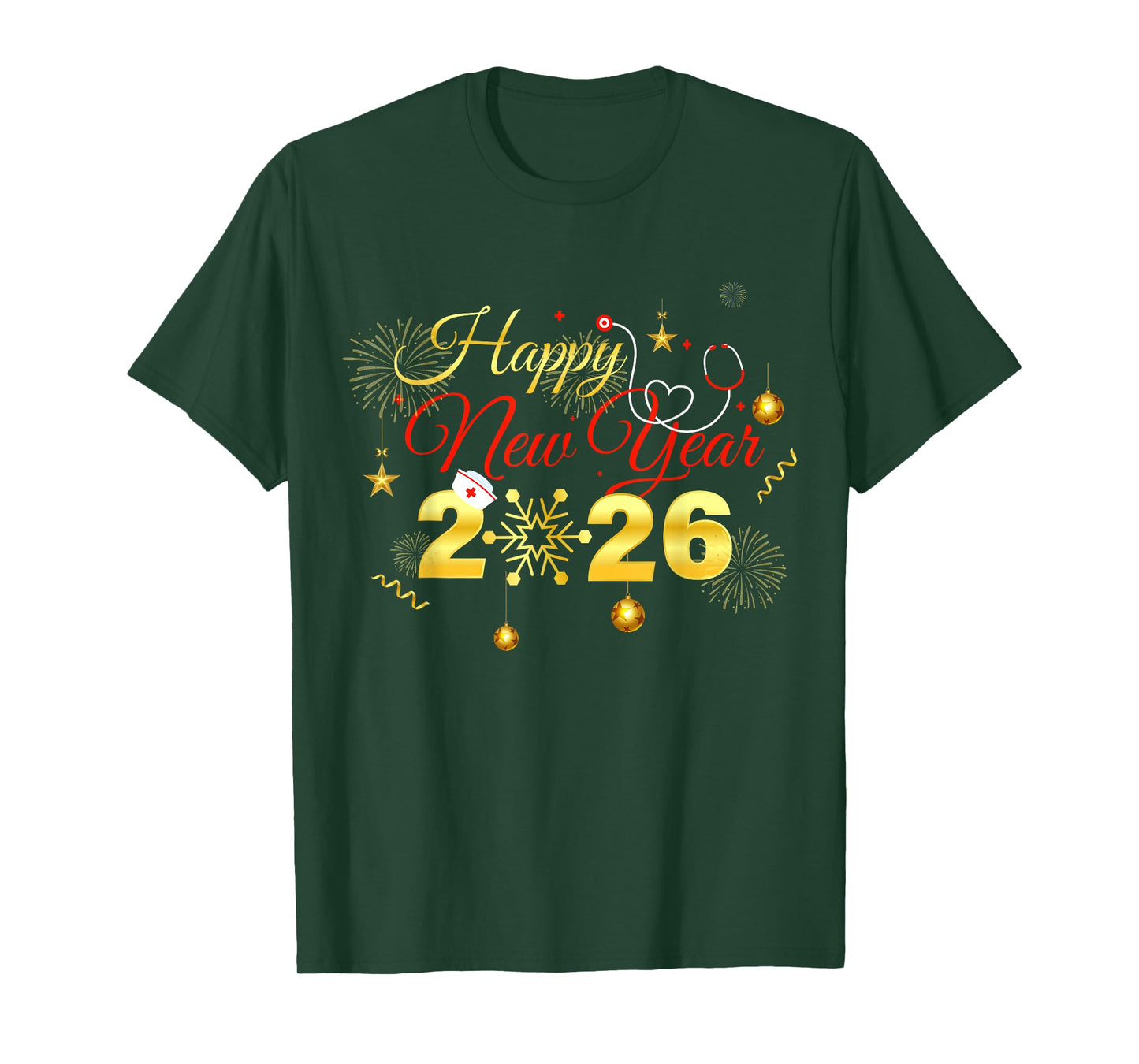 Happy New Year 2026 Fireworks Nurse Stethoscope NYE Party T-Shirt