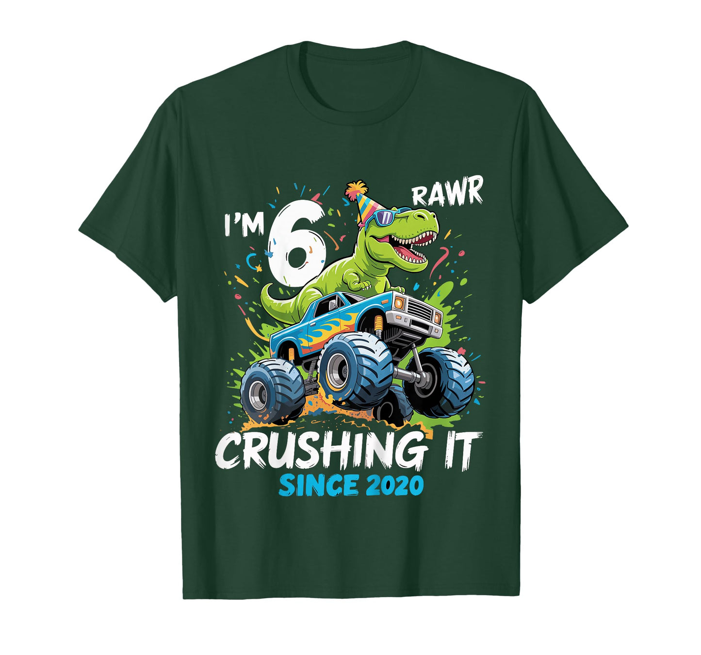 Kids 6th Birthday Monster Truck Dinosaur 6 Year Old boy Born 2020 T-Shirt