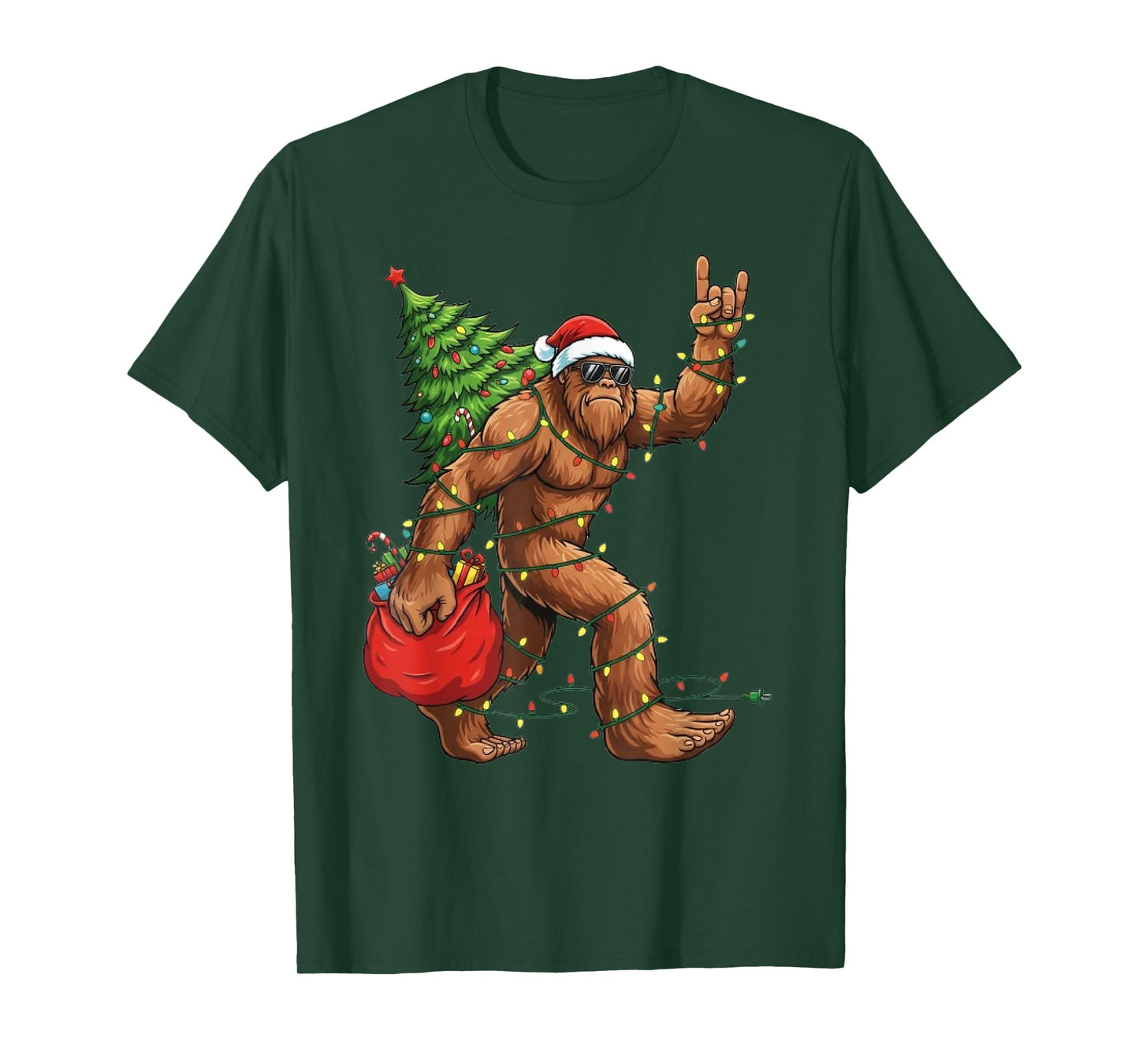 Christmas Tree Xmas Lights Funny Santa Bigfoot Sasquatch T-Shirt