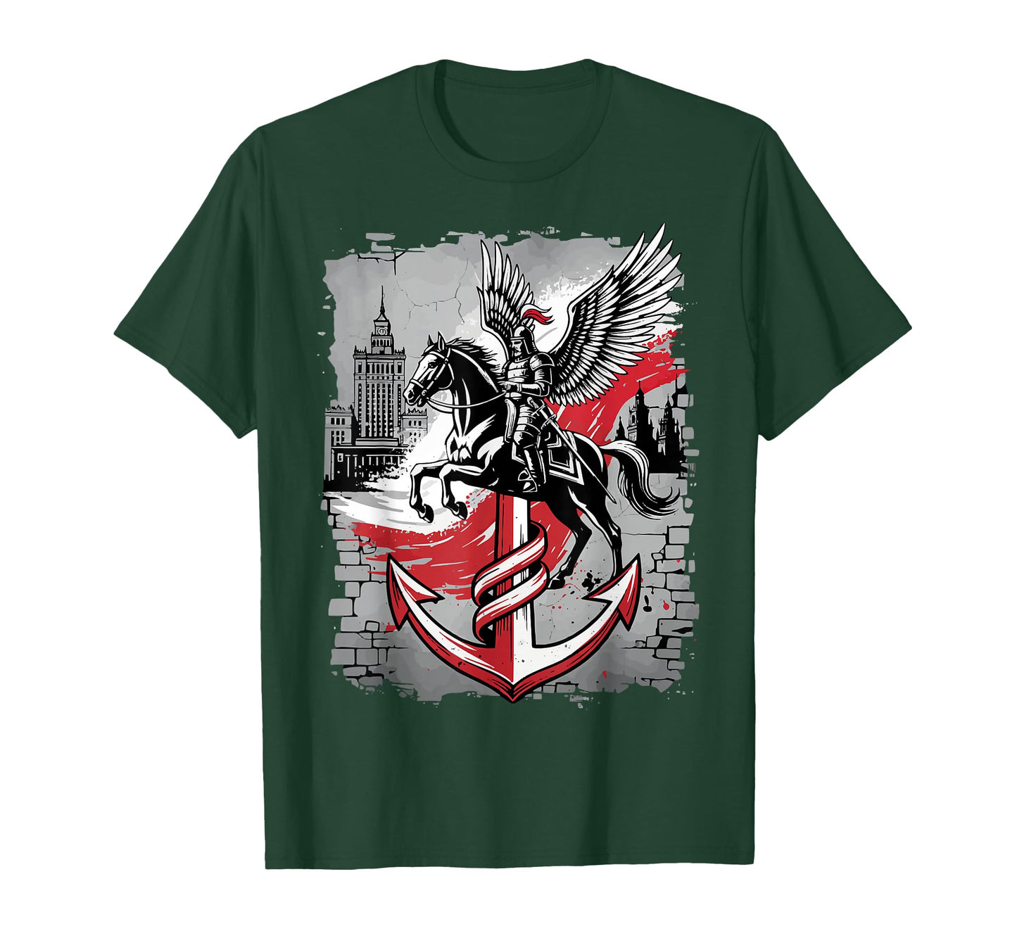 Winged Hussar Polish Anchor PW Symbol Warsaw Skyline Art T-Shirt