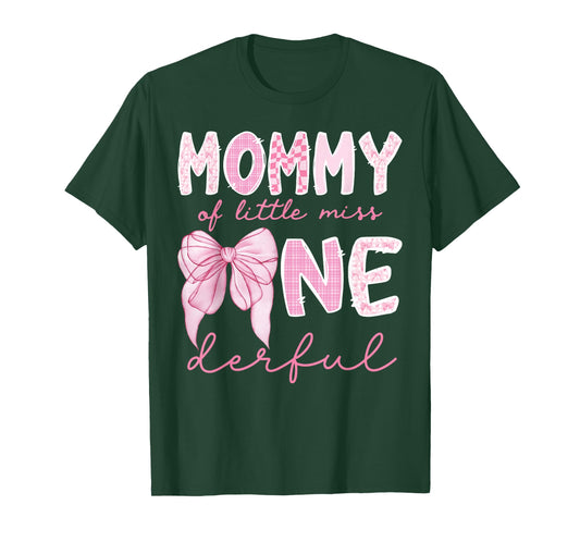 Mommy of Little Miss Onederful First Birthday Girl Bow T-Shirt
