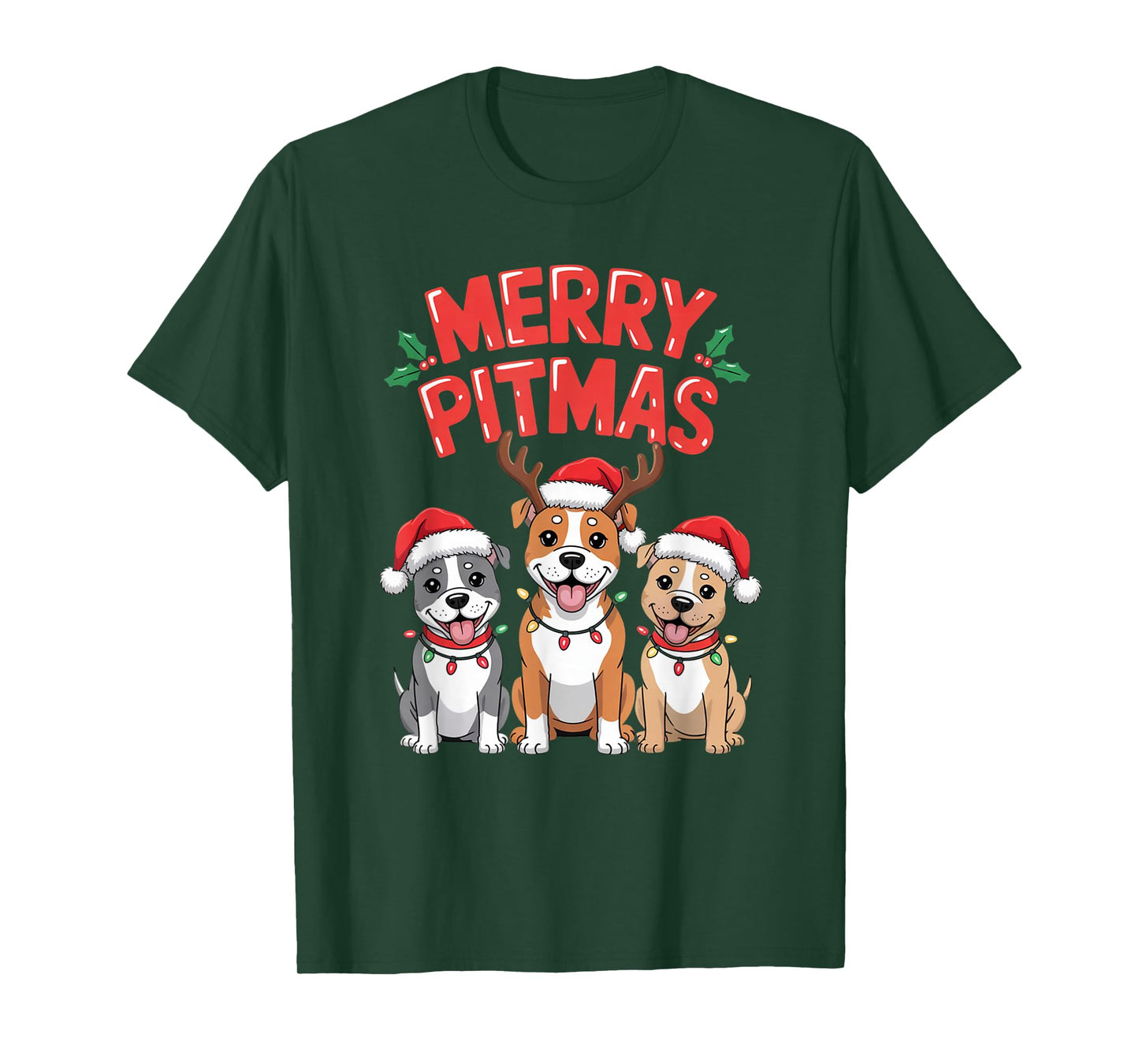 Merry Pitmas Funny Christmas Pitbull Dog Lights Santa Hat T-Shirt