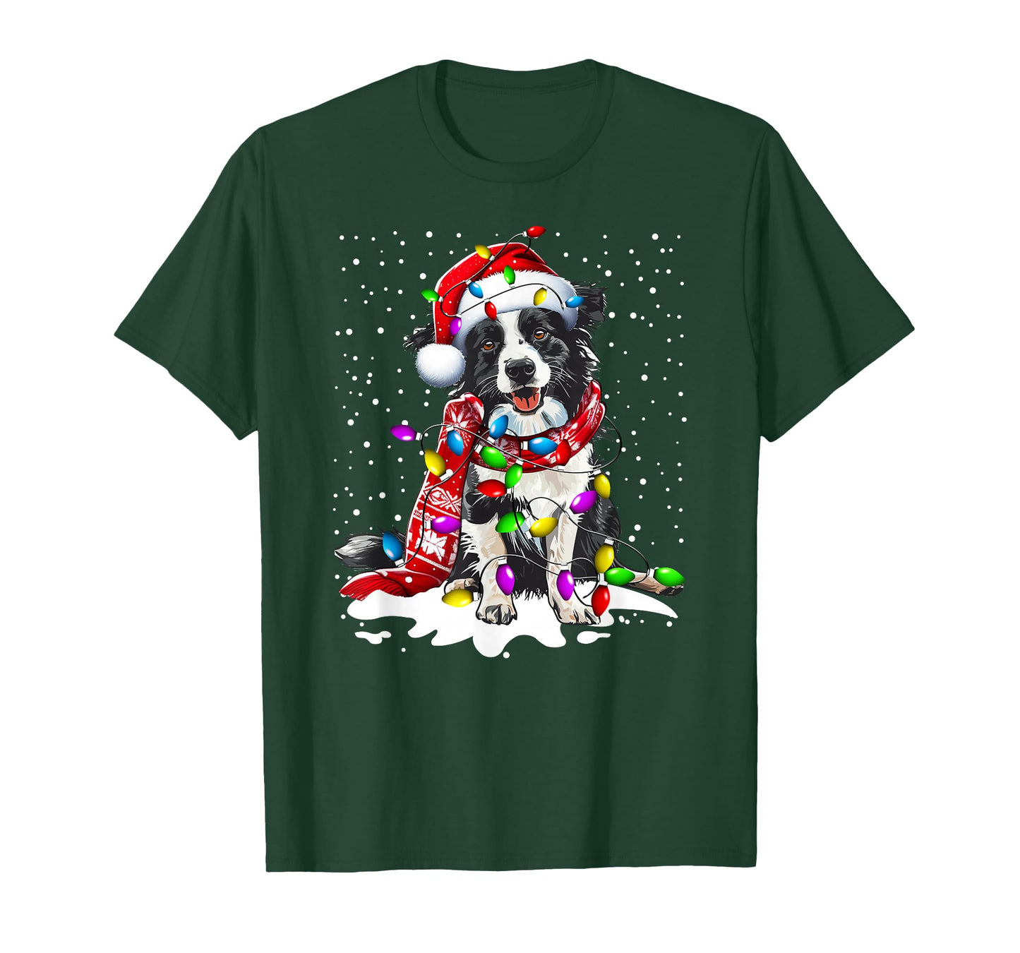 Border Collie Dog Lighting Xmas Santa Hat Christmas T-Shirt