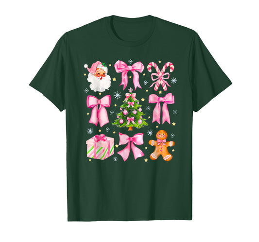Cute Coquette Bow Pink Christmas Tree Santa Gingerbread Xmas T-Shirt
