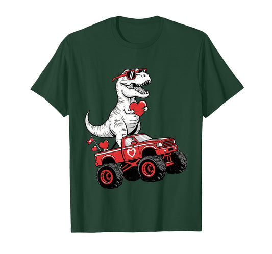 Kids Valentines Day Trex On Monster Truck Dino Boys Kids Toddler T-Shirt