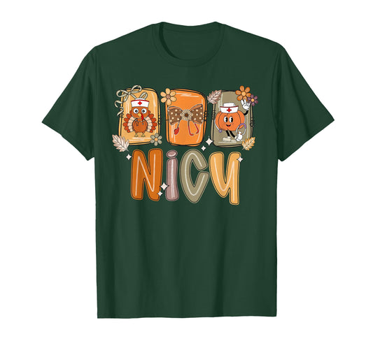 Nicu Nurse Turkey Bow Pumpkin Fall Thanksgiving Nursing T-Shirt