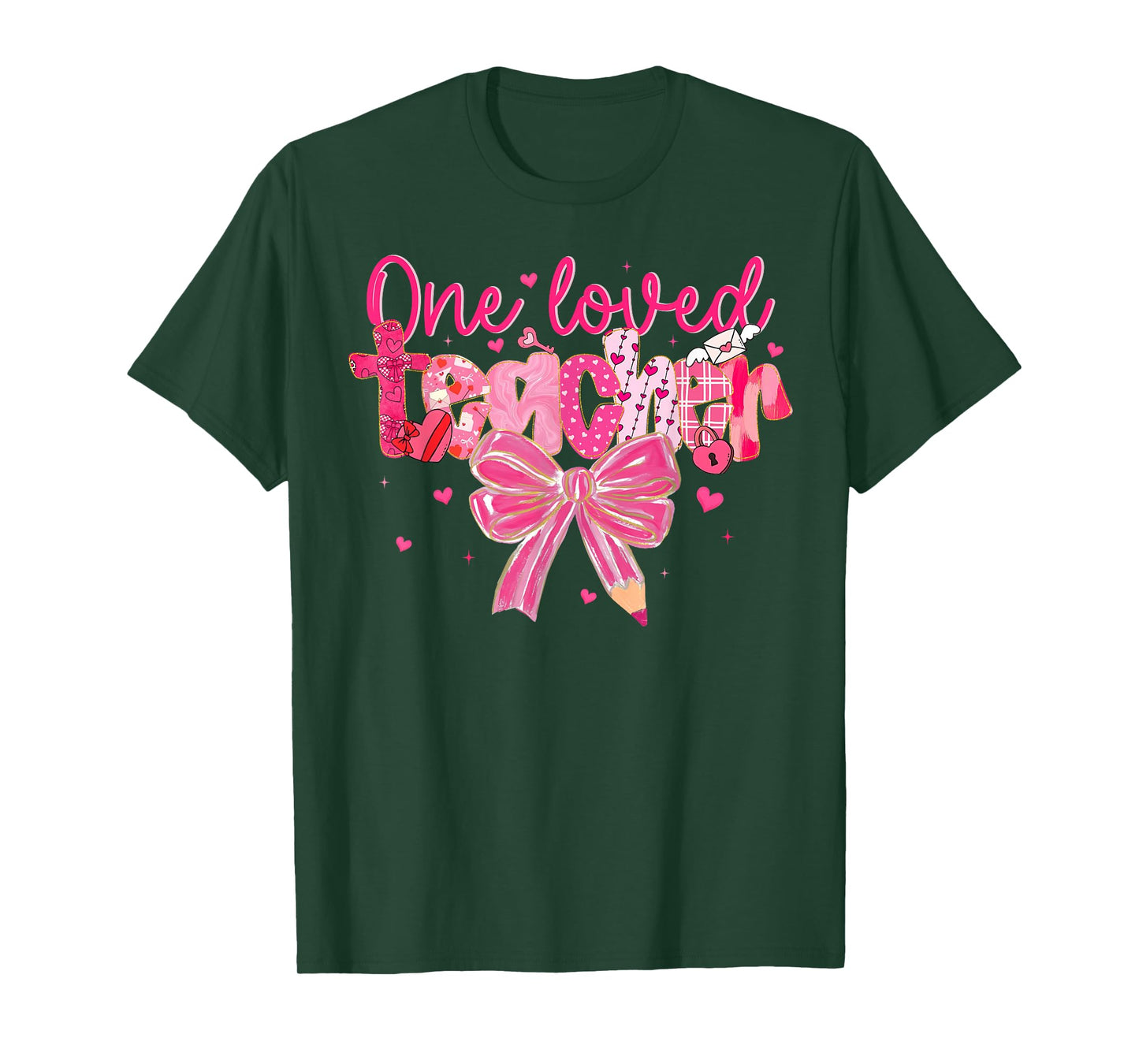 Retro Valentine Teacher One Loved Teacher Coquette Bow T-Shirt