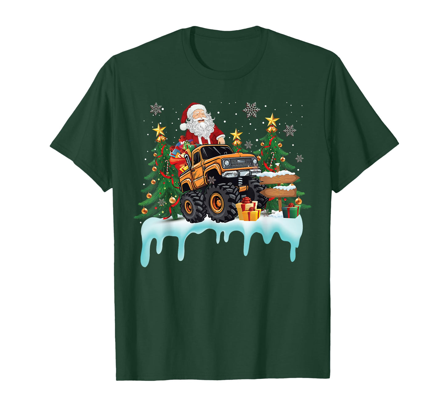 Santa Riding Monster Truck Christmas Tree Boys Girls Kids T-Shirt