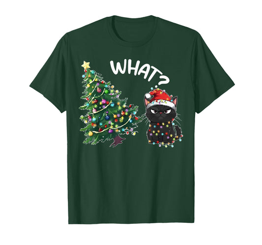 Funny Black Cat Gift Pushing Christmas Tree Over Cat What? T-Shirt