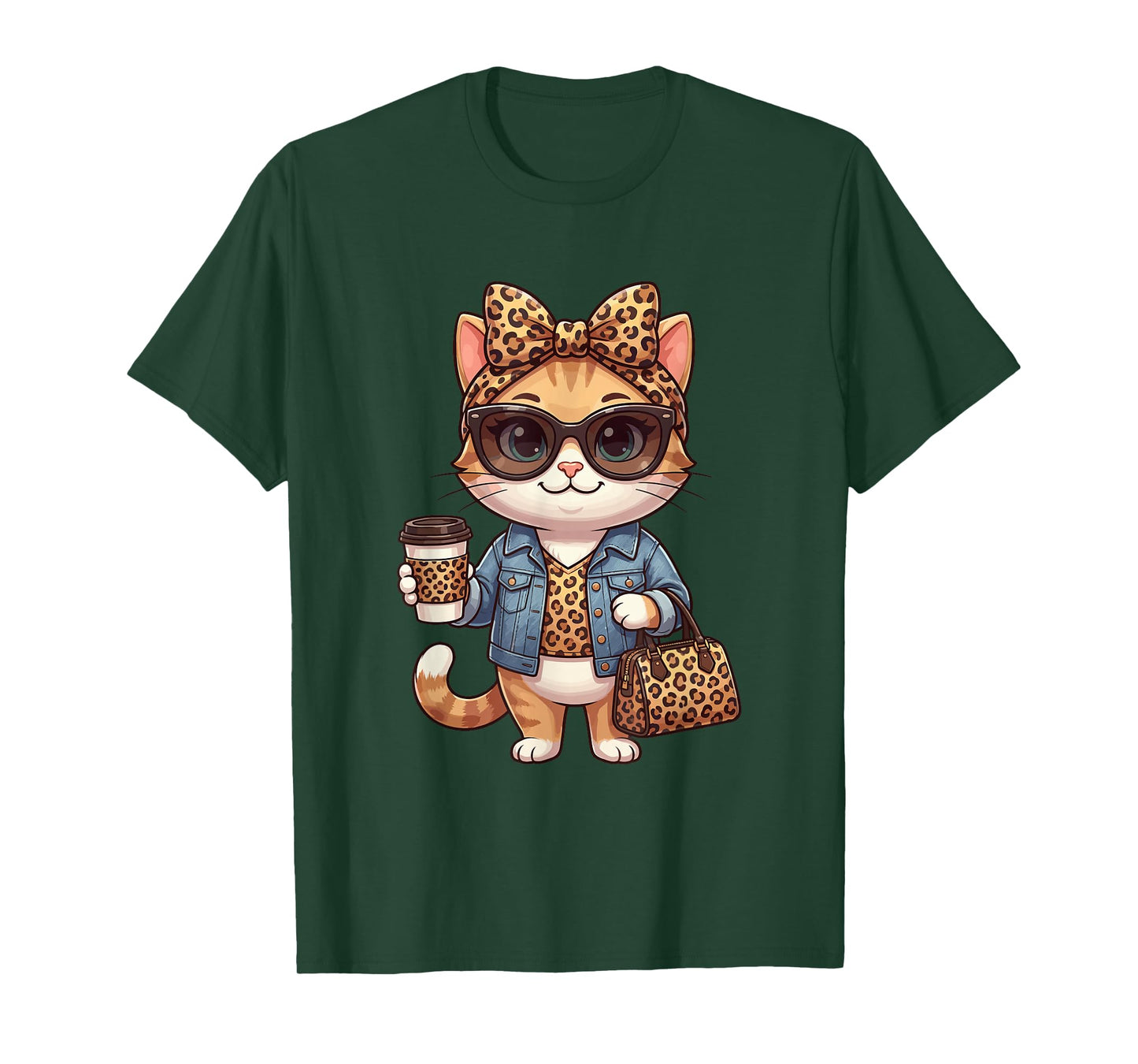 Fashion Funny Leopard Cat Coffee Cute Women Girls T-Shirt