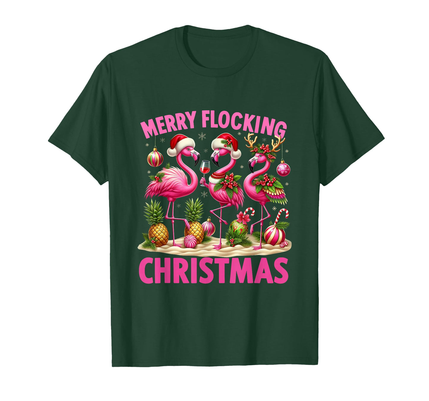 Merry Flocking Christmas Funny Flamingo Santa Hat Tropical T-Shirt