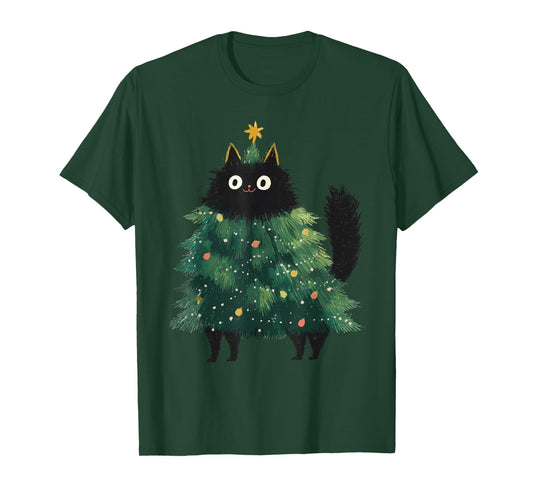 Cute Black Cat Christmas Tree Funny Kitten Lover Xmas Kids T-Shirt