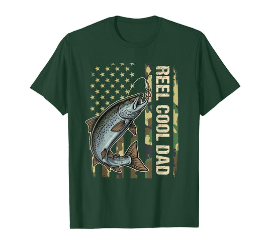 Reel Cool Dad Salmon Fishing Camo American Flag Fisherman T-Shirt