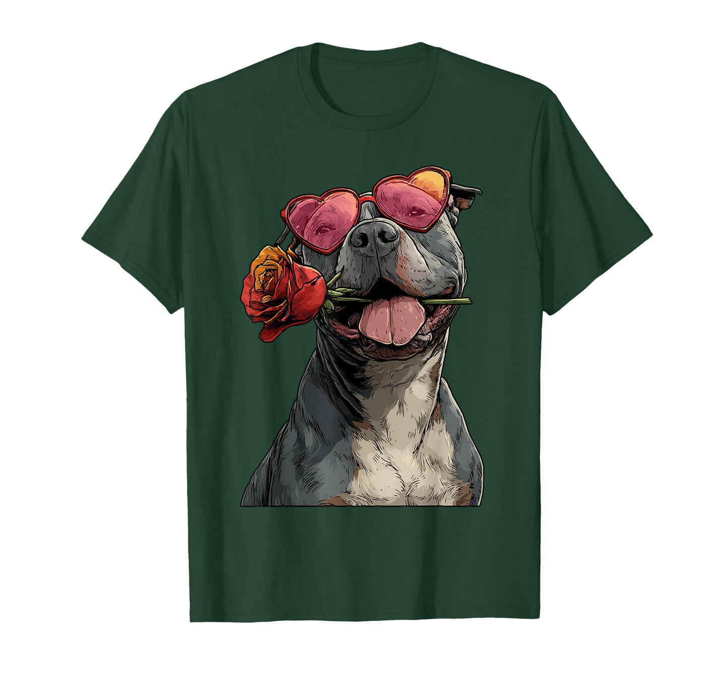 Cute Pit Bull with Heart Glasses Rose Valentine's Day Dog T-Shirt