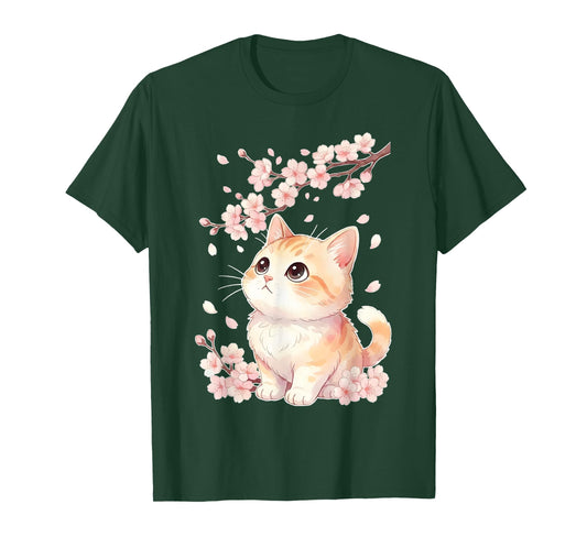 Cute Sakura Kitten Cherry Blossom Japanese Kawaii Anime Cat T-Shirt