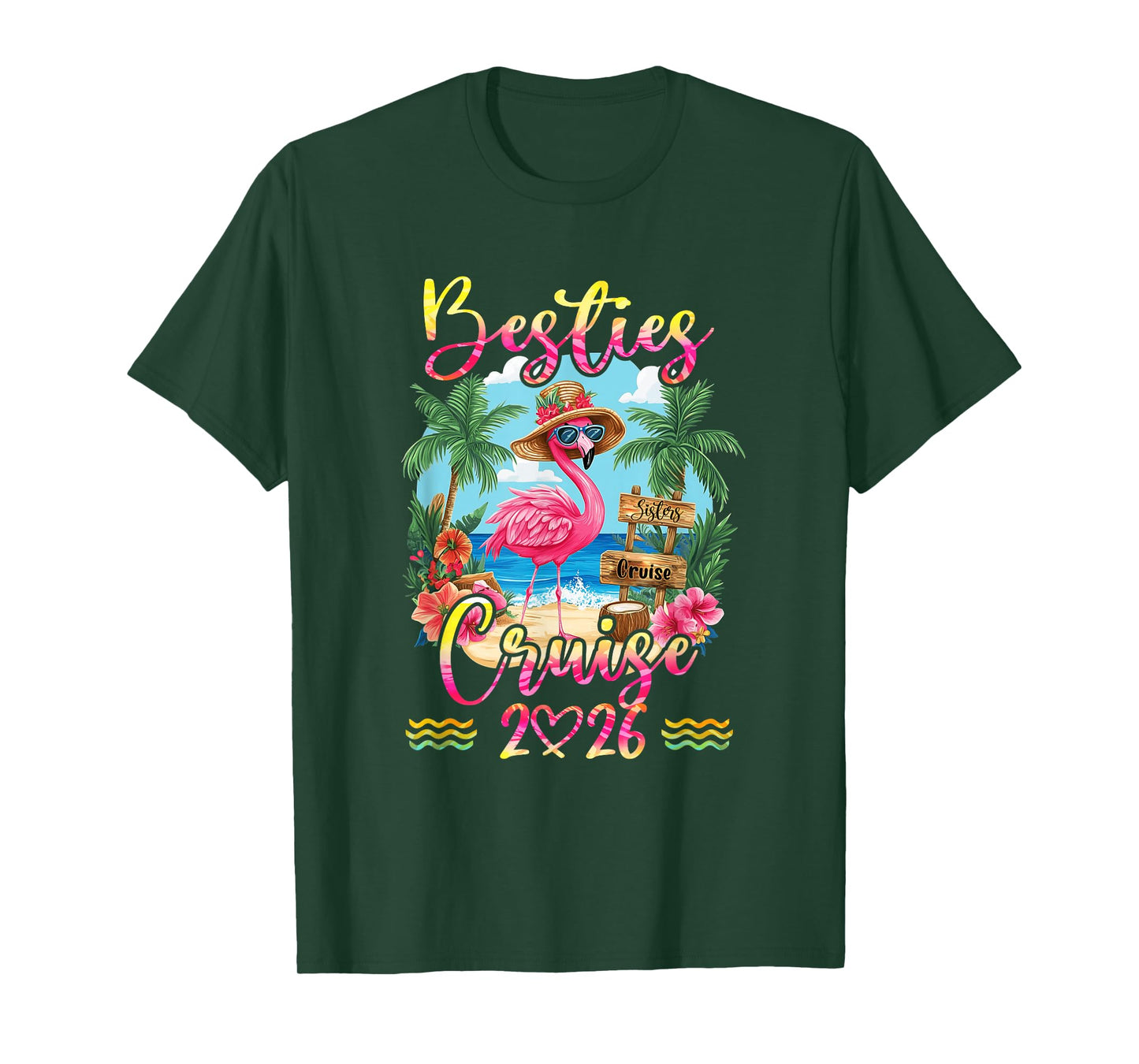 Besties Cruise 2026 Tie Dye Flamingo Cruise Squad Girls Trip T-Shirt