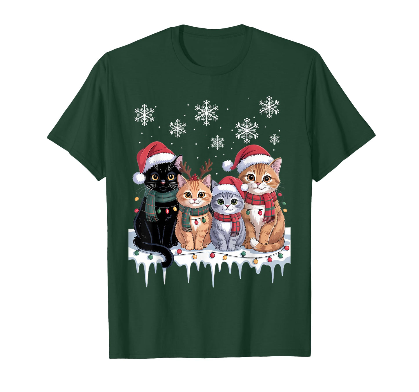 Funny Holiday Lights Meowy Christmas Black Cat Santa Hat T-Shirt