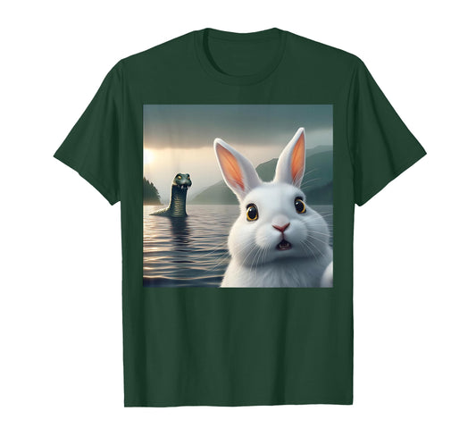 Surprised Rabbit Selfie with Loch Ness Monster Nessie Funny T-Shirt