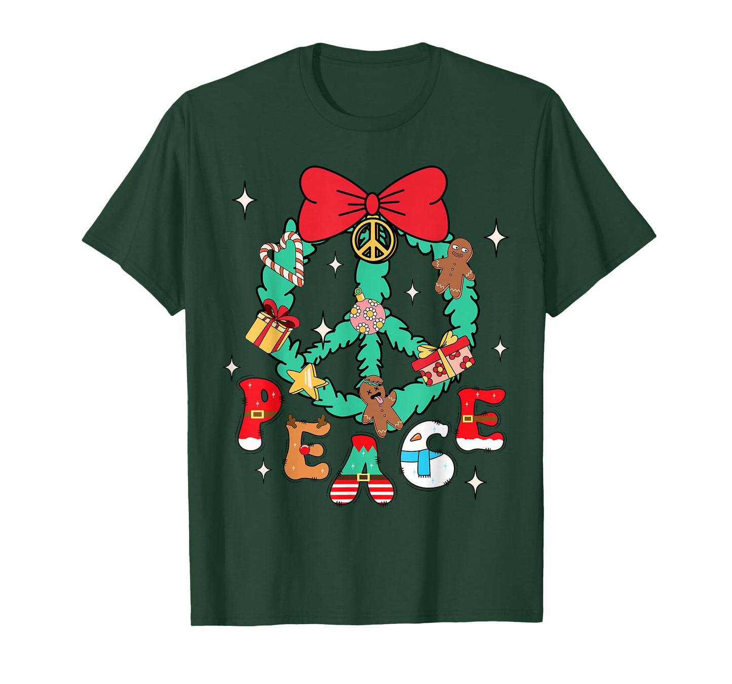 Christmas Peace Wreath Candy Canes Bows Gingerbread Reindeer T-Shirt