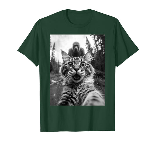 Funny Shocked Cat Selfie with Bigfoot Sasquatch Forest T-Shirt