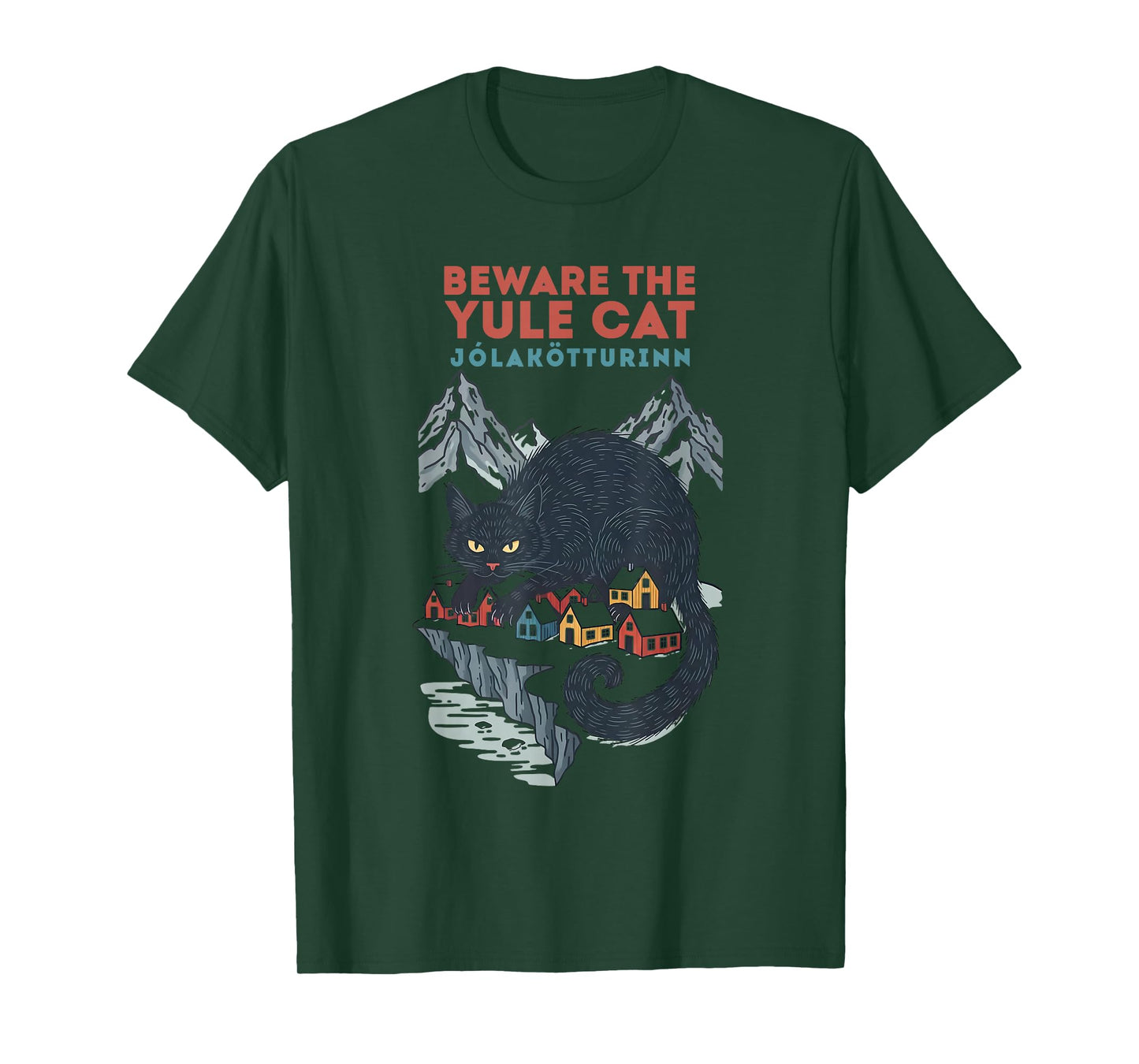 Funny Retro Yule Cat Beware The Jolakotturinn Dark Christmas T-Shirt